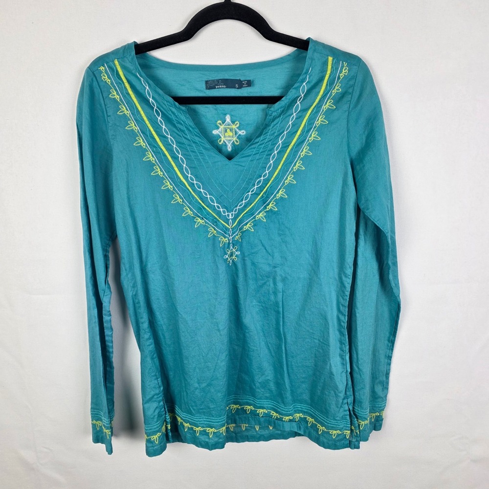 Prana Women Teal Blue Embroidered Organic Cotton Long Sleeve Tunic Top Size S